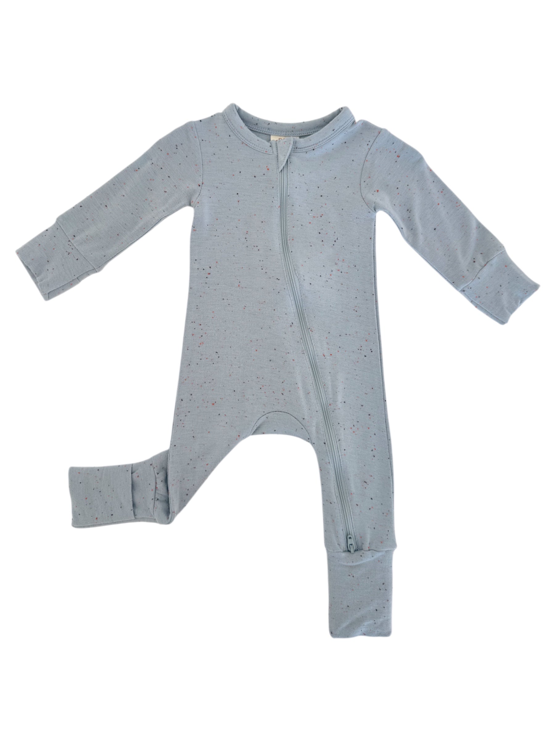 Light blue baby onesie with a front zipper and speckled design, featuring long sleeves and footed legs.