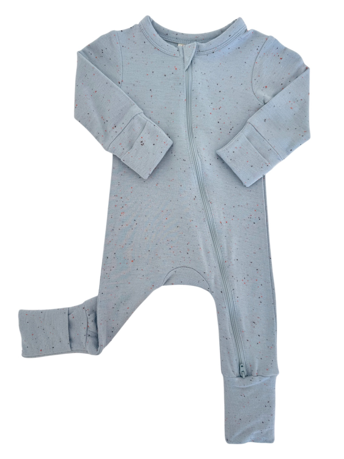 Light blue baby onesie with a front zipper and long sleeves, featuring colorful speckles throughout the fabric.