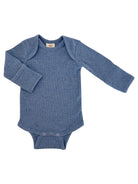 Light blue long-sleeve baby bodysuit with a textured fabric and snap closure at the bottom.