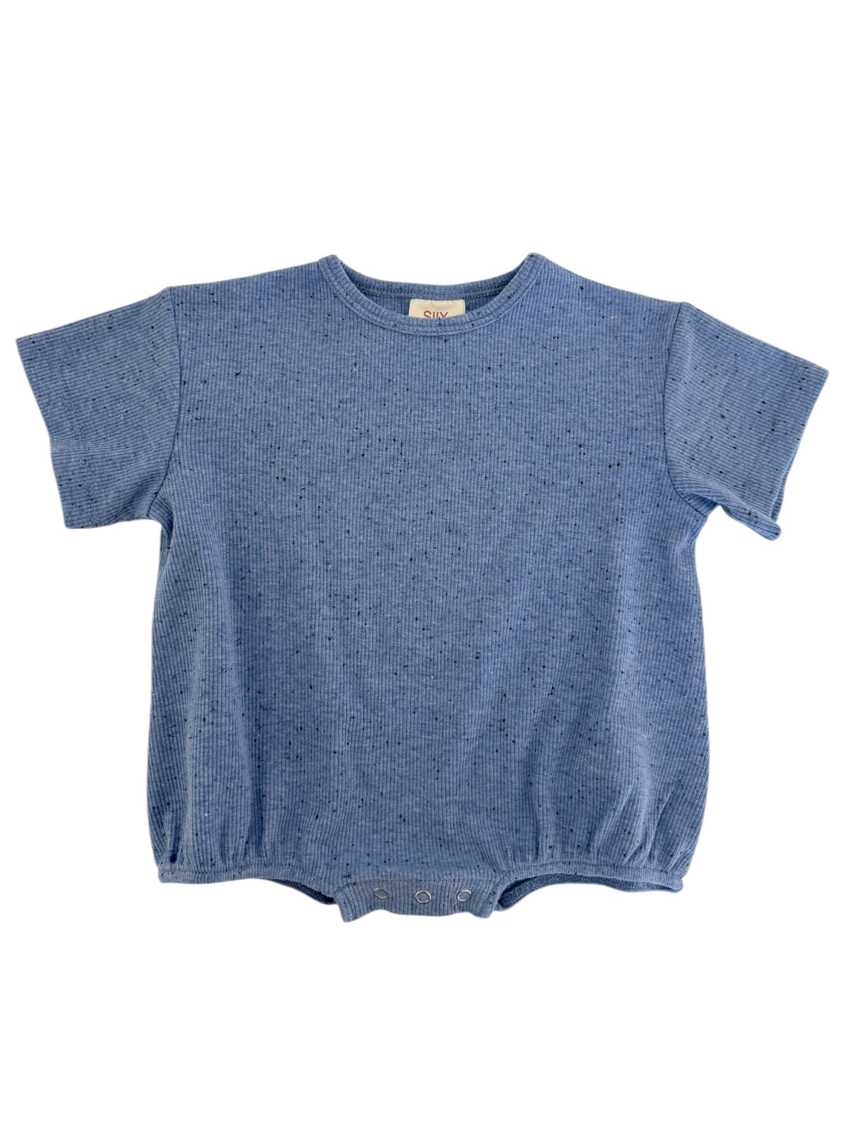 Light blue short-sleeve baby onesie with a textured fabric and snap closures at the bottom.