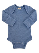 Light blue ribbed baby bodysuit with long sleeves and snap closure at the bottom. Ideal for comfort and style.