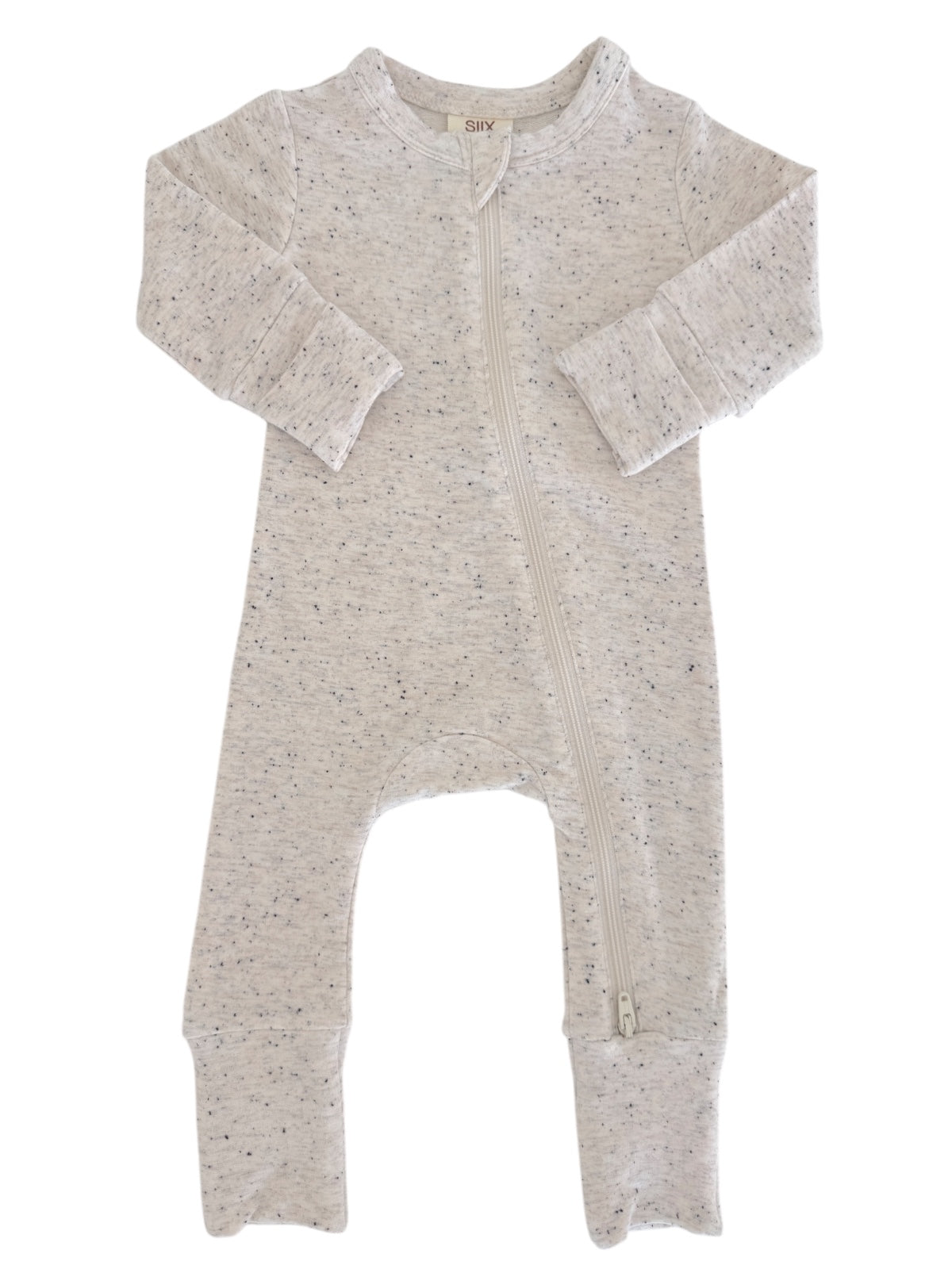 Light gray infant onesie with long sleeves and zipper closure, featuring a soft, speckled fabric design.
