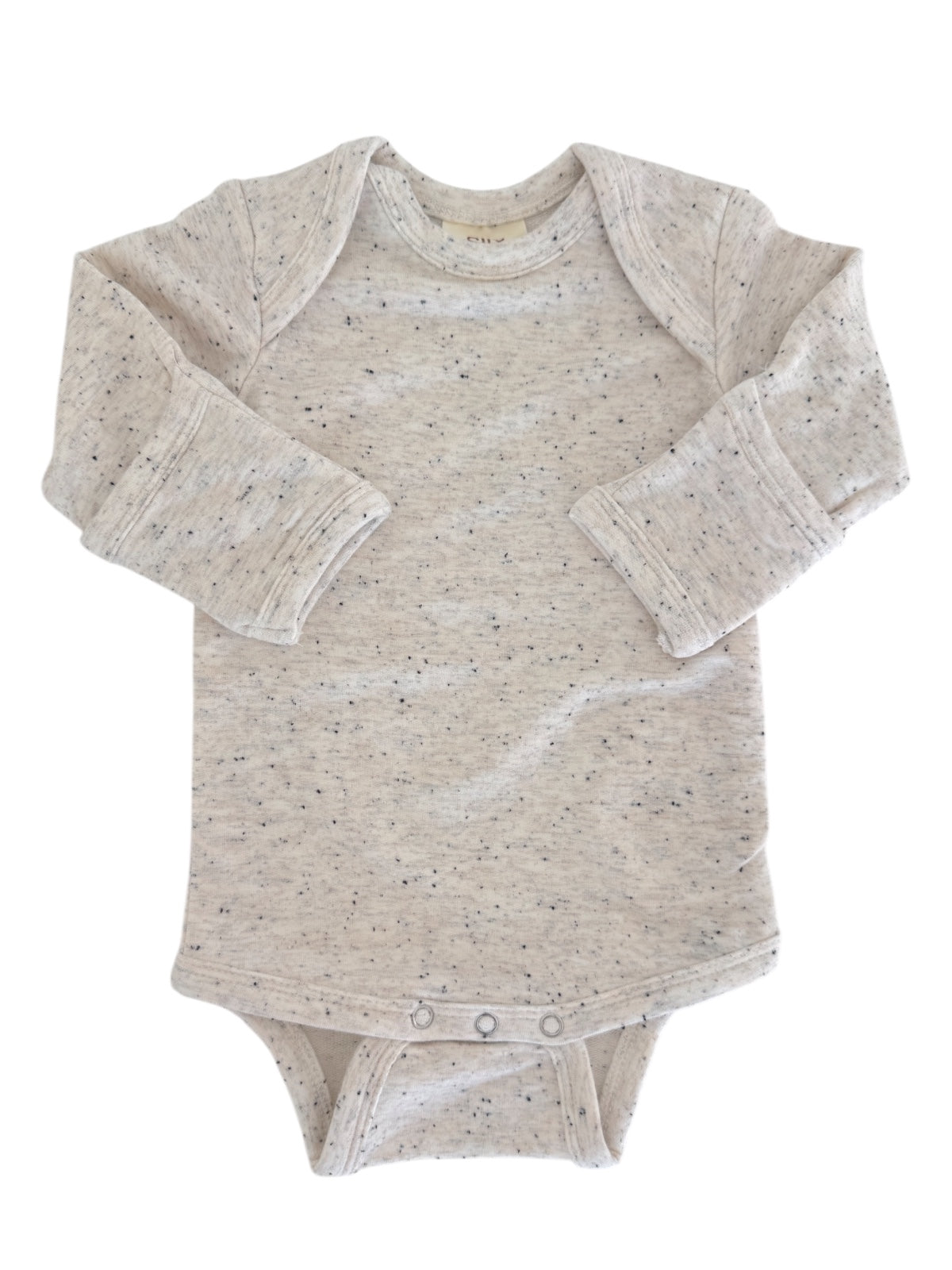 Light gray baby onesie with long sleeves and snap buttons at the bottom, featuring a soft speckled texture.