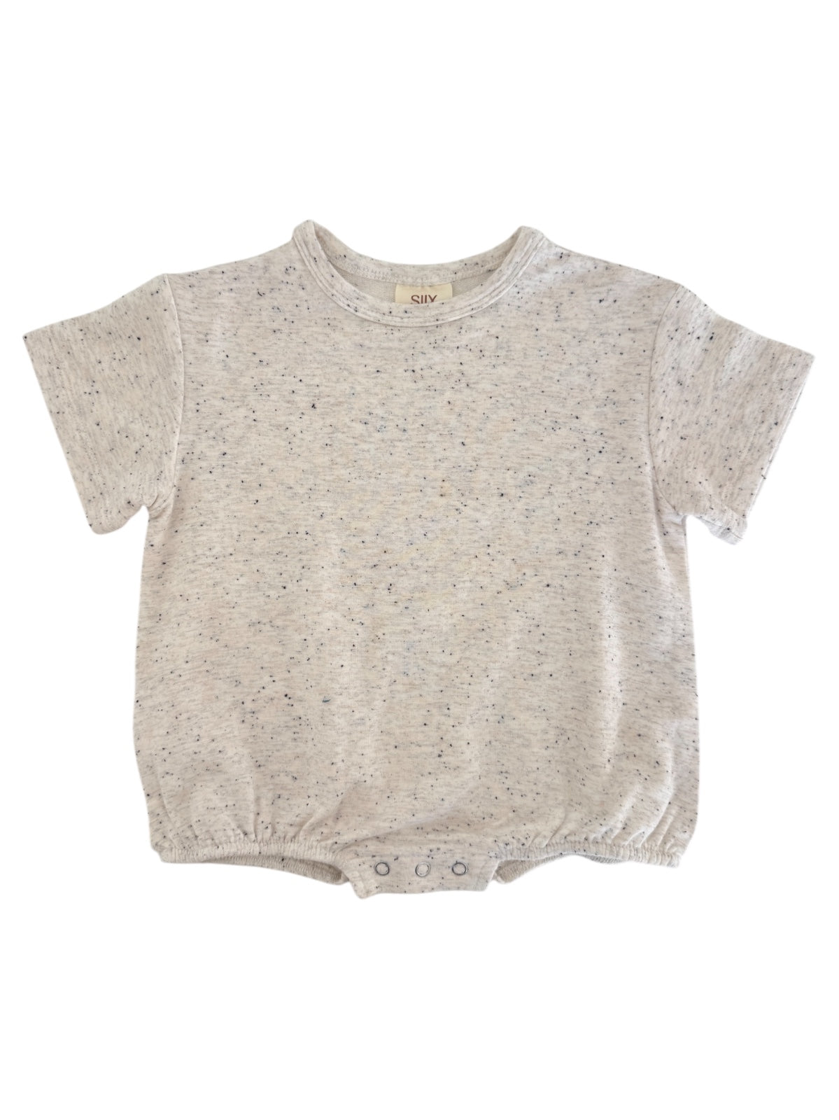 Light gray short-sleeve baby onesie with a soft texture and snap closure at the bottom.