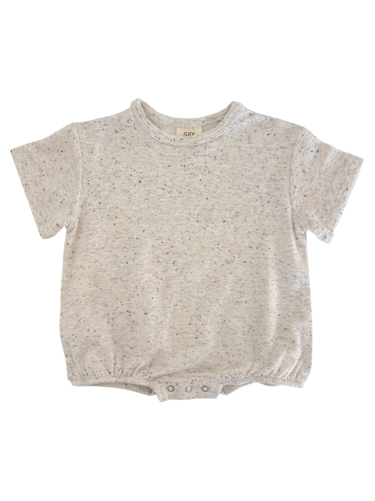 Light gray short-sleeve baby onesie with a soft texture and snap closure at the bottom.