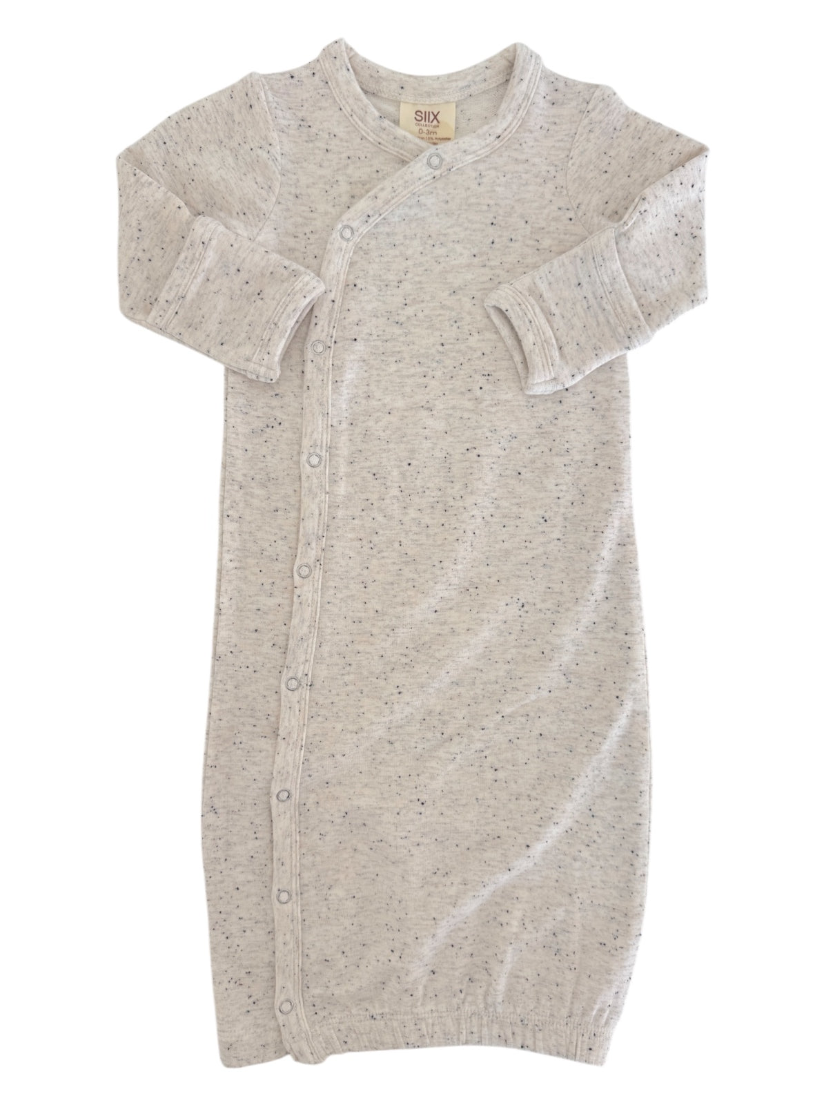 Light gray infant sleep sack with snap closures and long sleeves, made from soft, speckled fabric.