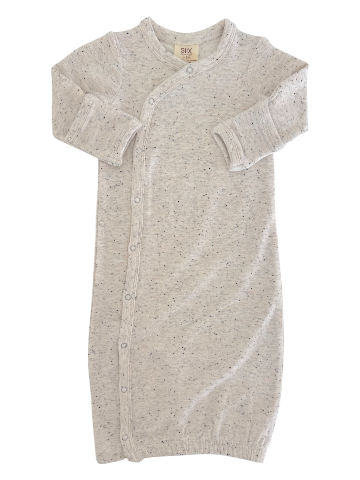 Light gray infant sleep sack with snap closures and long sleeves, made from soft, speckled fabric.