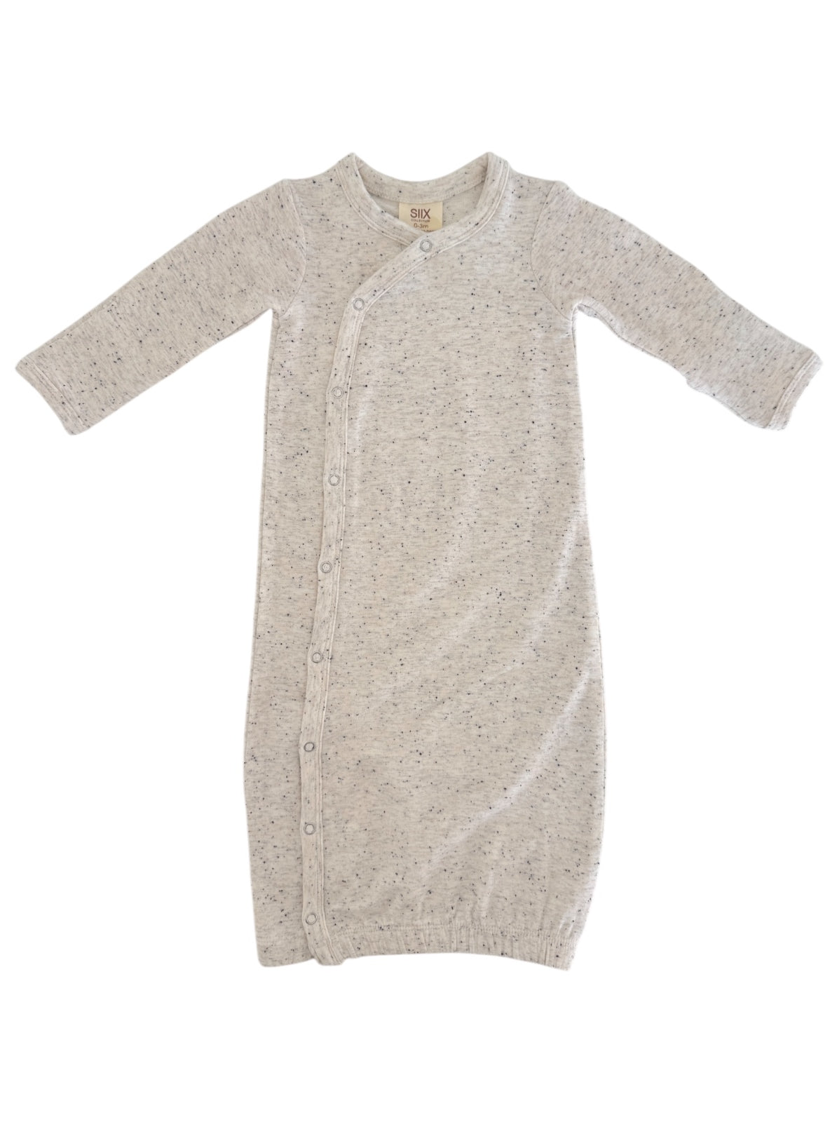 Light gray infant sleep gown with long sleeves and snap buttons, designed for comfort and easy dressing.
