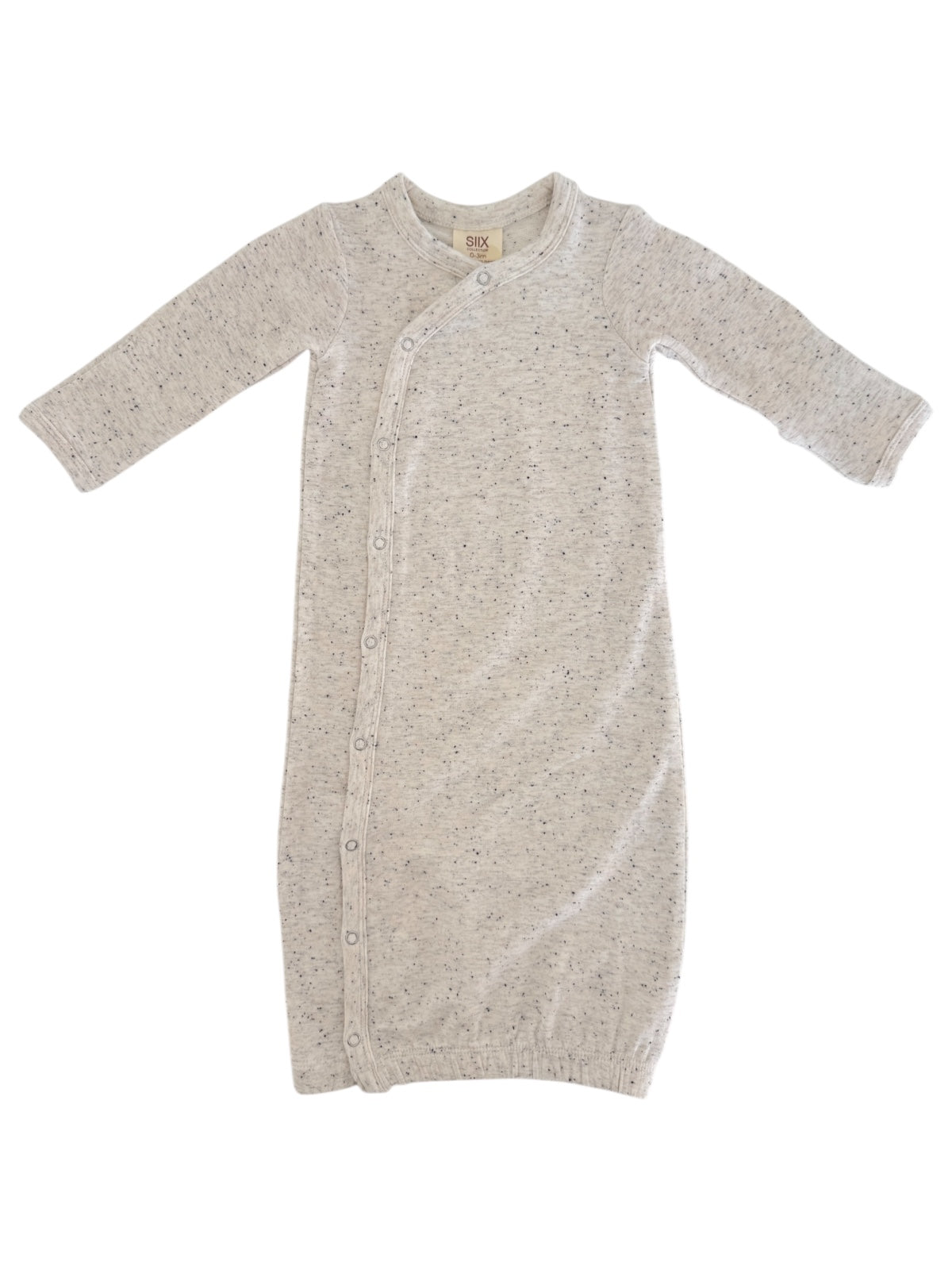 Light gray infant sleep gown with long sleeves and snap buttons, designed for comfort and easy dressing.