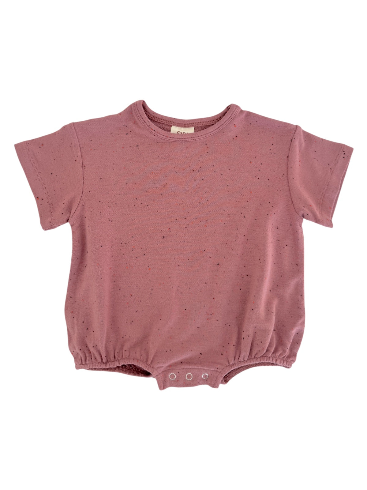 Pink short-sleeve onesie with a gathered bottom and colorful speckled pattern. Suitable for infants and toddlers.