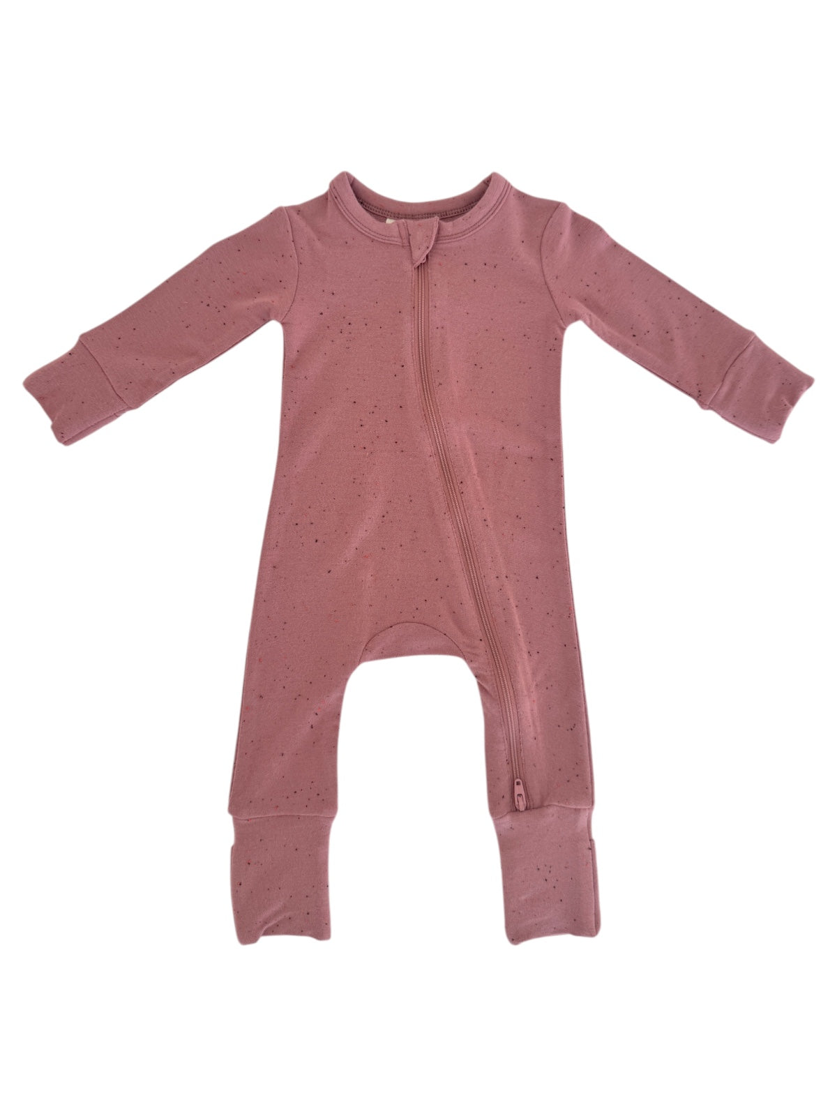 Pink infant onesie with long sleeves and a front zipper, featuring a speckled design.