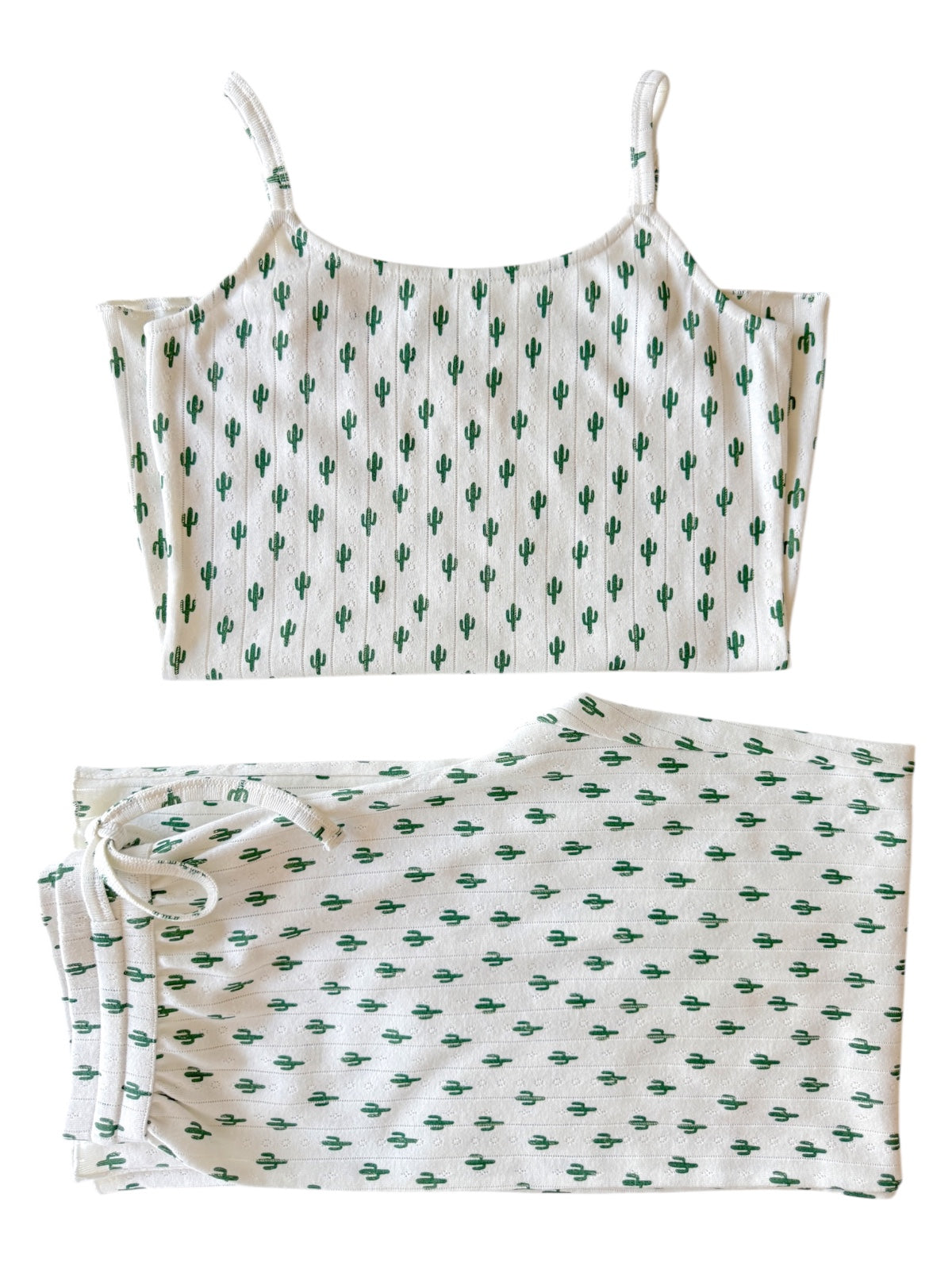 Cactus-patterned tank top and pants set in white and green, perfect for casual or lounge wear.