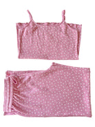 Pink floral patterned tank top and shorts set laid flat on a white background.