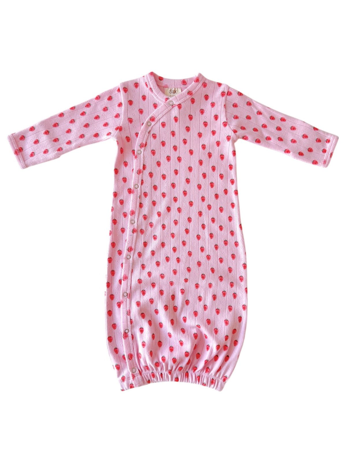 Pink baby gown with red strawberry patterns and elasticized bottom for comfort.