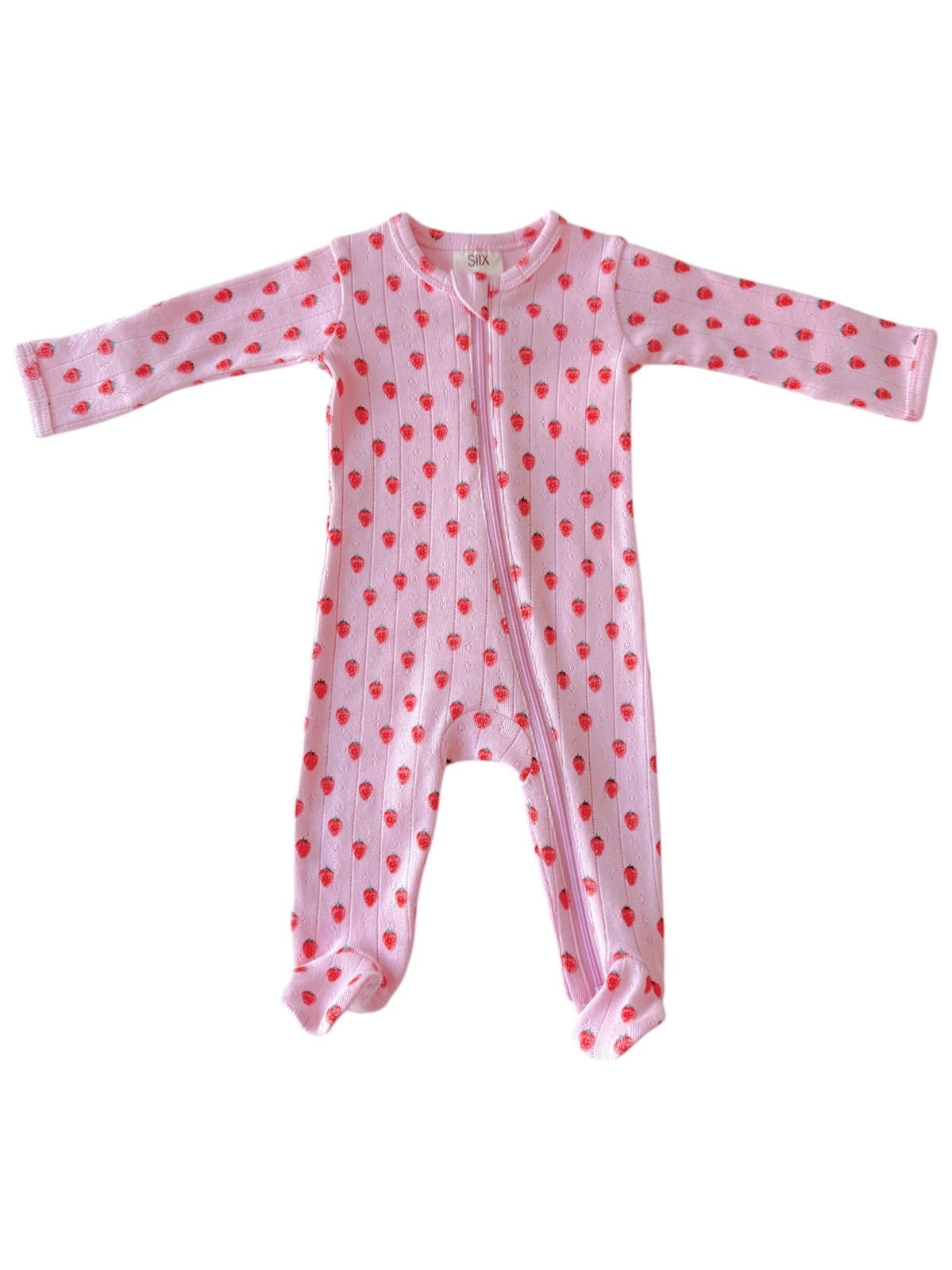 Pink baby onesie with strawberry print and zipper closure, featuring long sleeves and footed design.