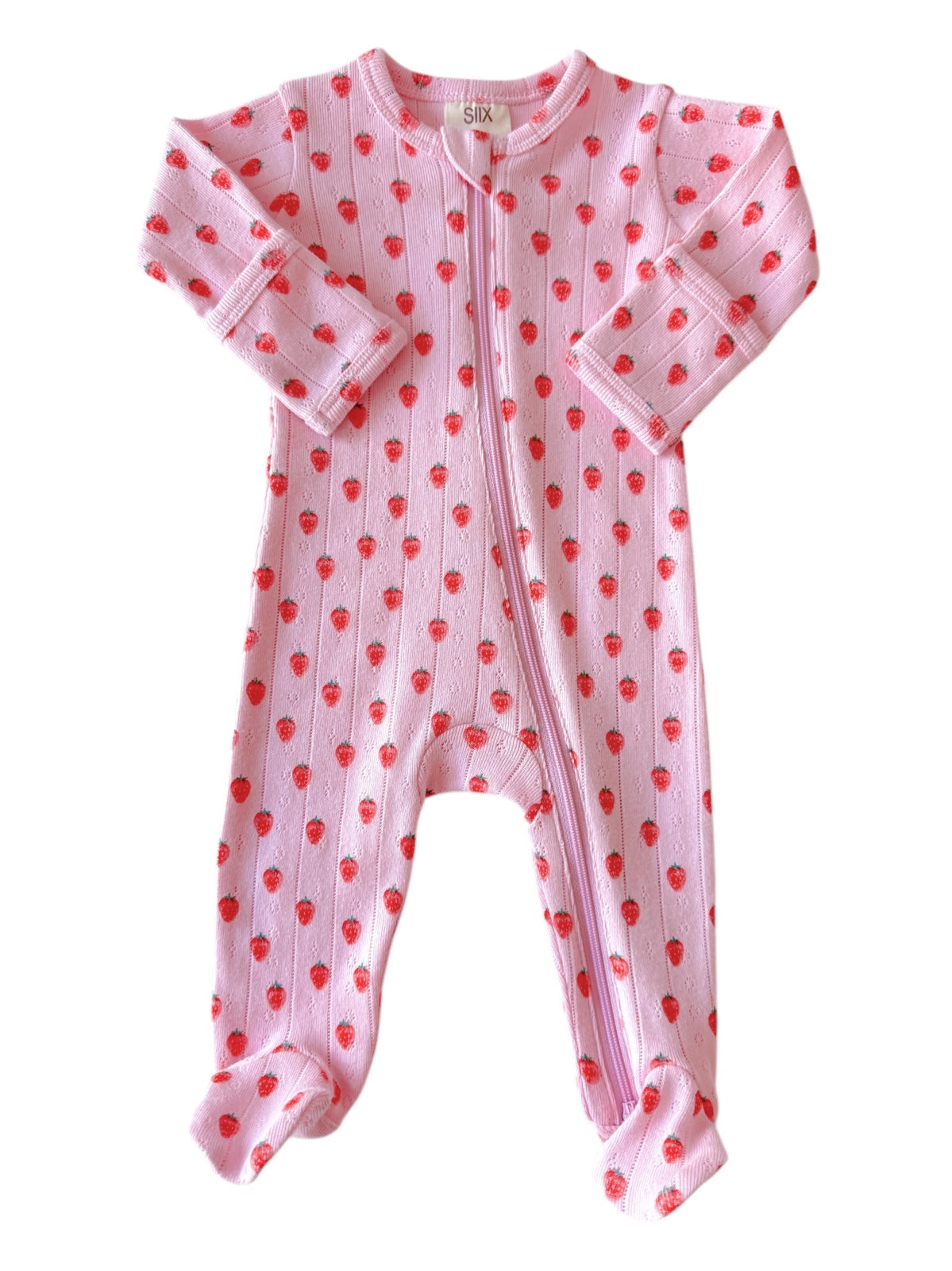 Pink baby onesie with strawberry print and long sleeves, featuring a front zipper.
