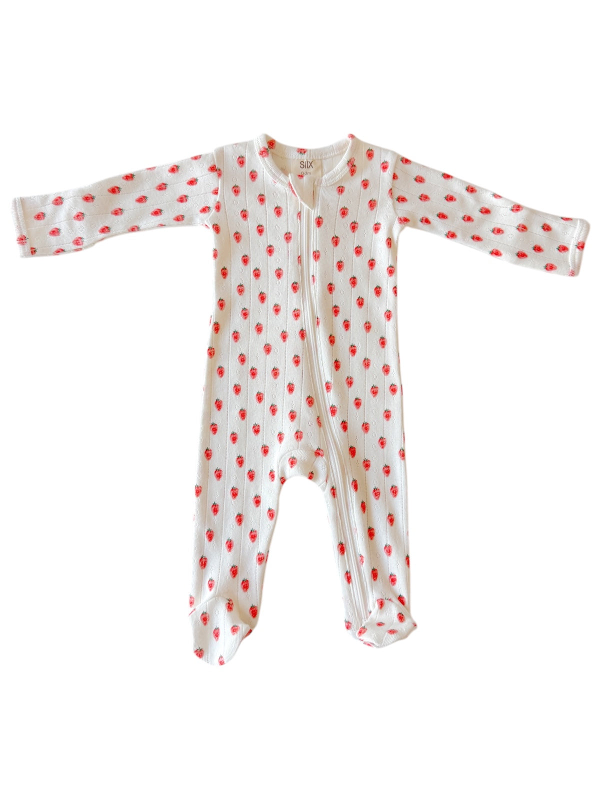 White baby onesie with red strawberry patterns and long sleeves, featuring a front zipper.