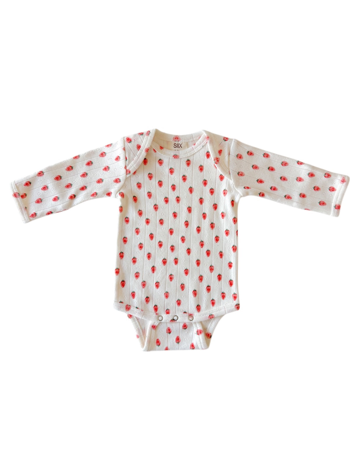 White baby onesie with red strawberry print and long sleeves. Ideal for infants and toddlers.