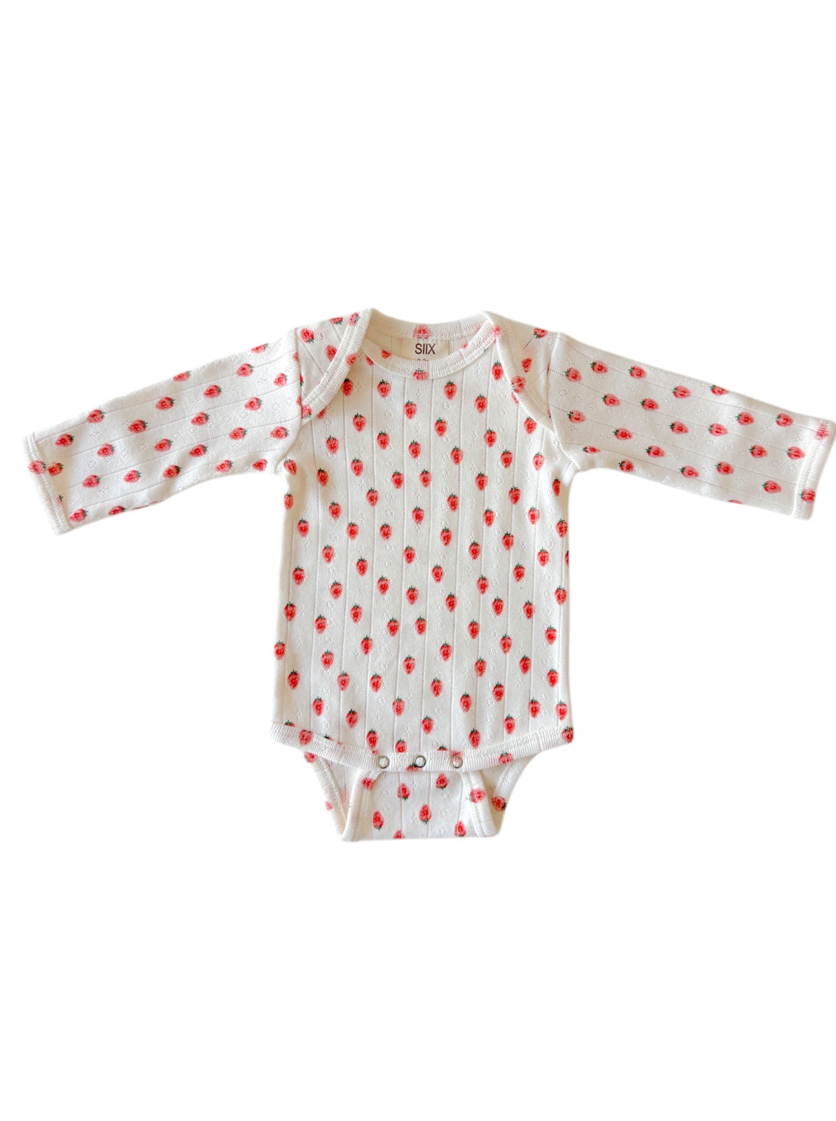 White baby onesie with red strawberry print and long sleeves. Ideal for infants and toddlers.