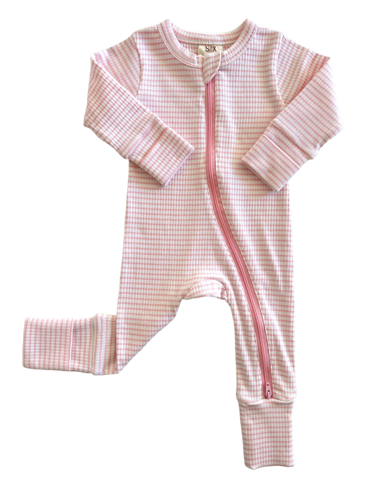 Pink and white checkered baby onesie with a front zipper and long sleeves.