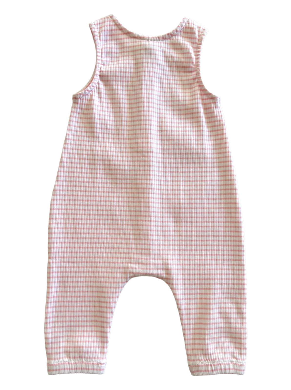 Pink checkered toddler romper, back view, featuring sleeveless design and elastic cuffs.