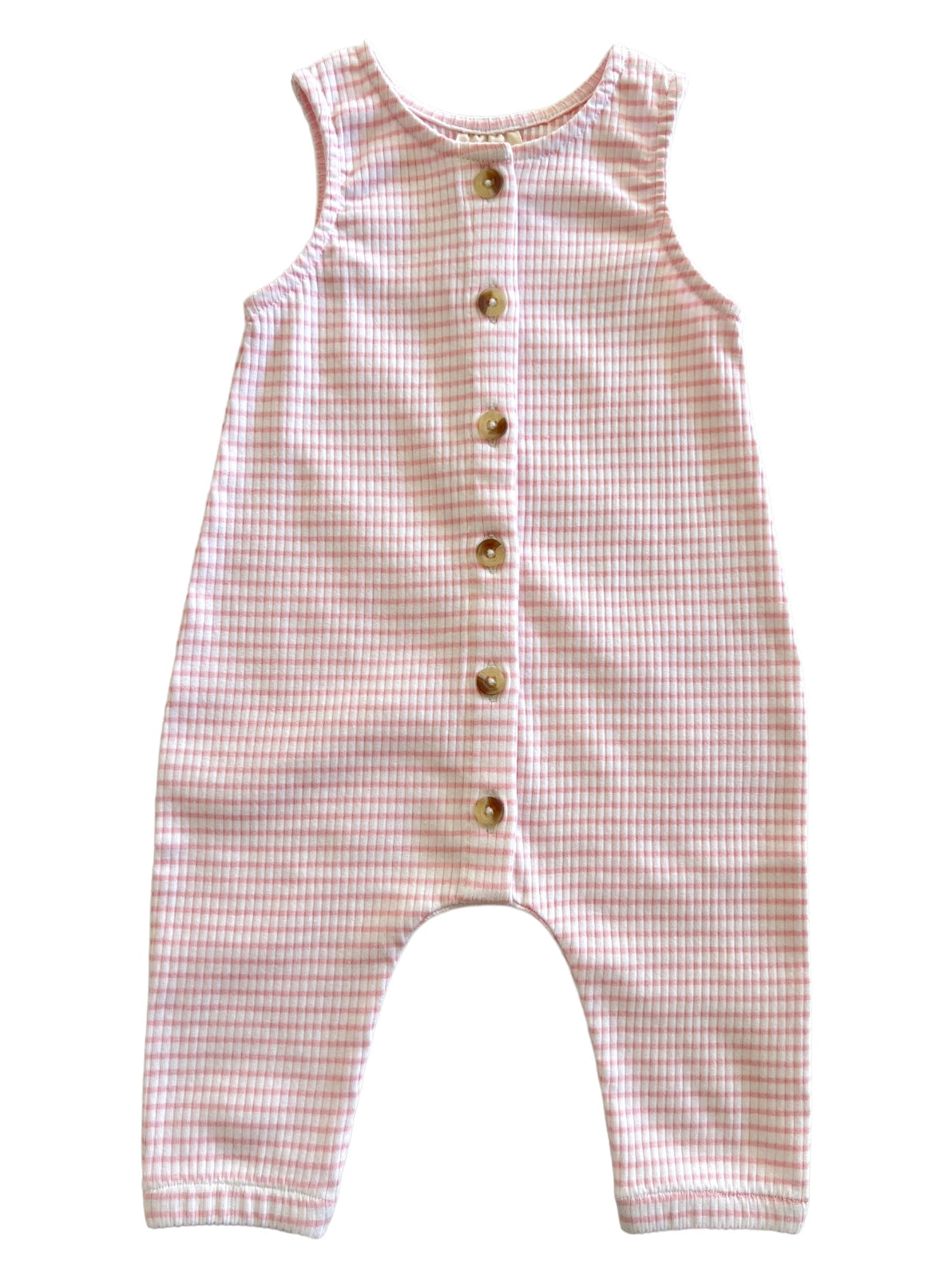 Pink checkered baby romper with button closures down the front and sleeveless design.