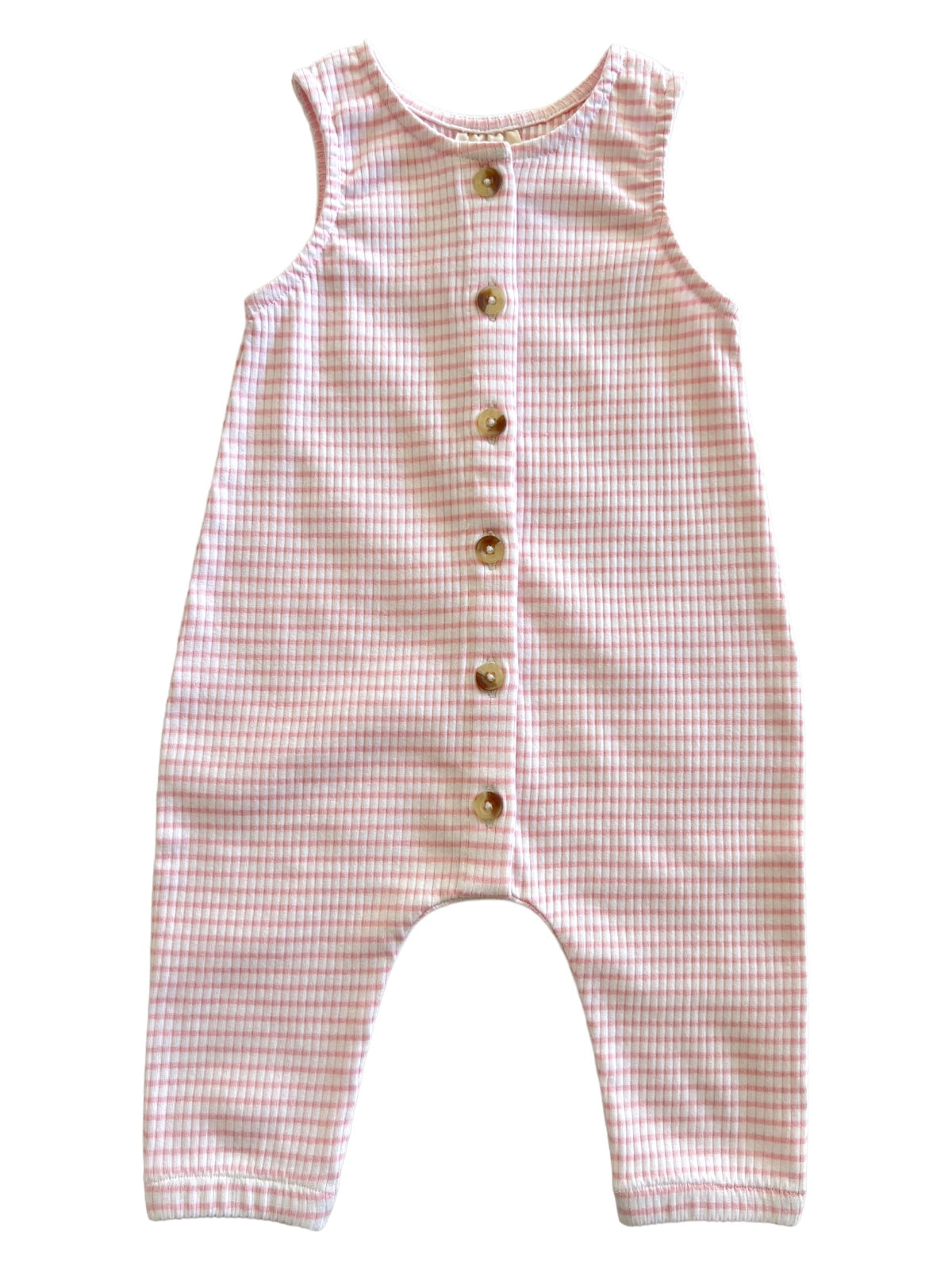 Pink checkered baby romper with button closures down the front and sleeveless design.