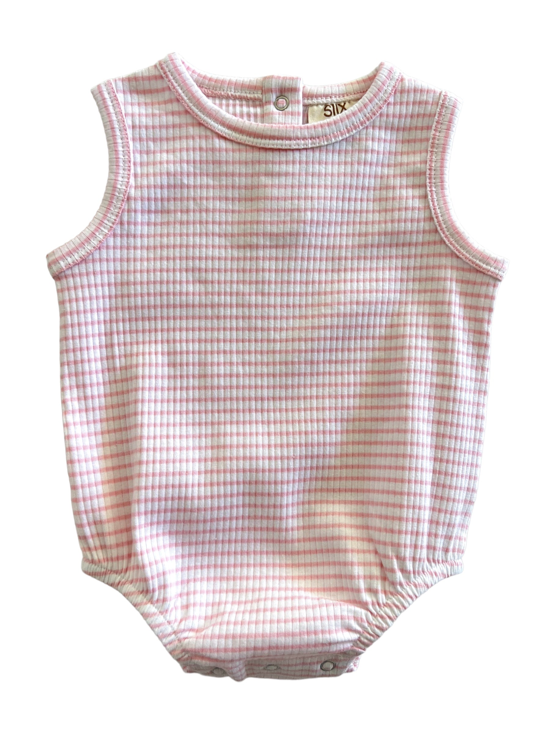 Pink and white checkered baby bodysuit with short sleeves and snap closure at the bottom.