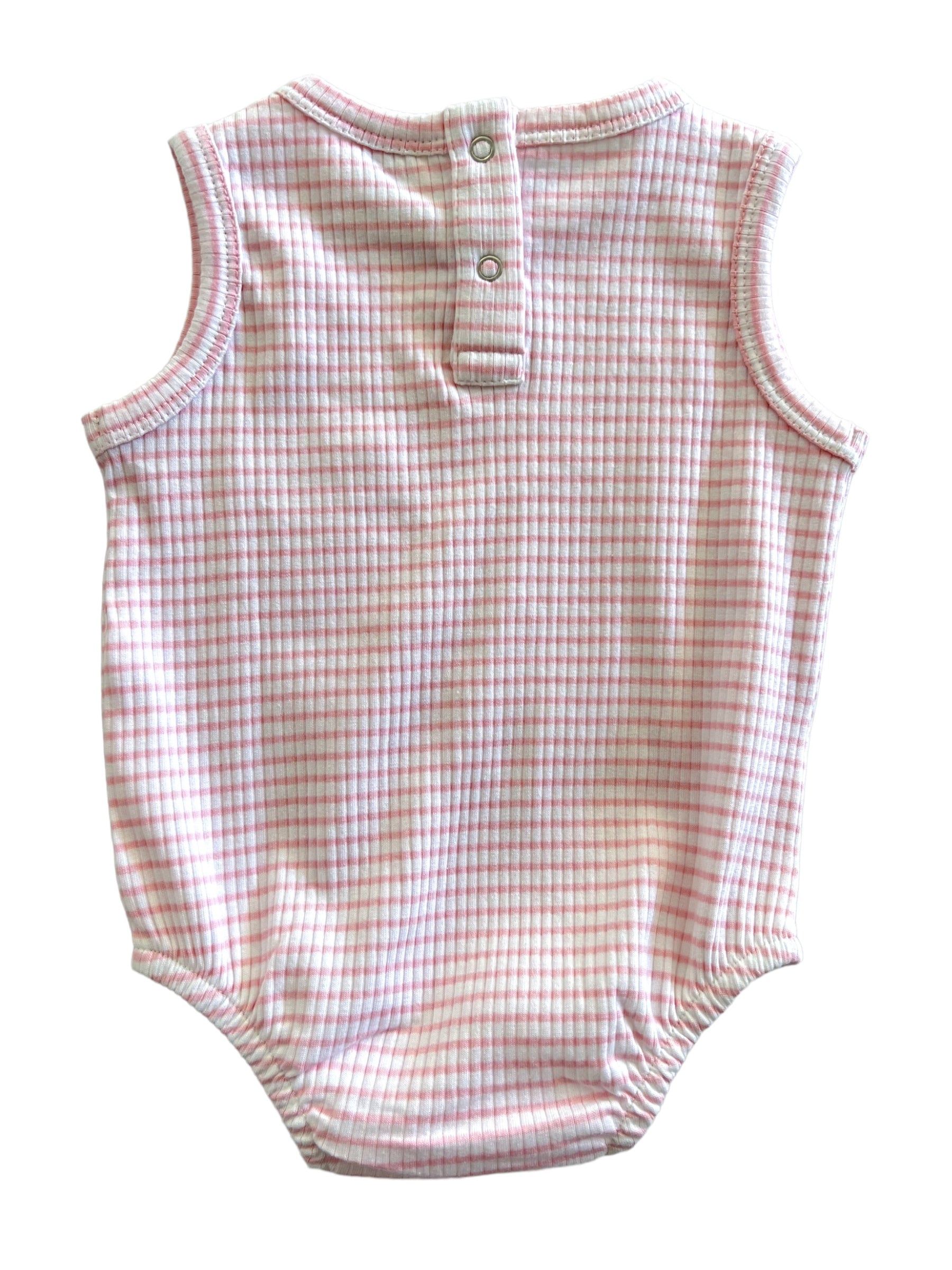Pink and white gingham print baby onesie, featuring a back snap closure and sleeveless design.