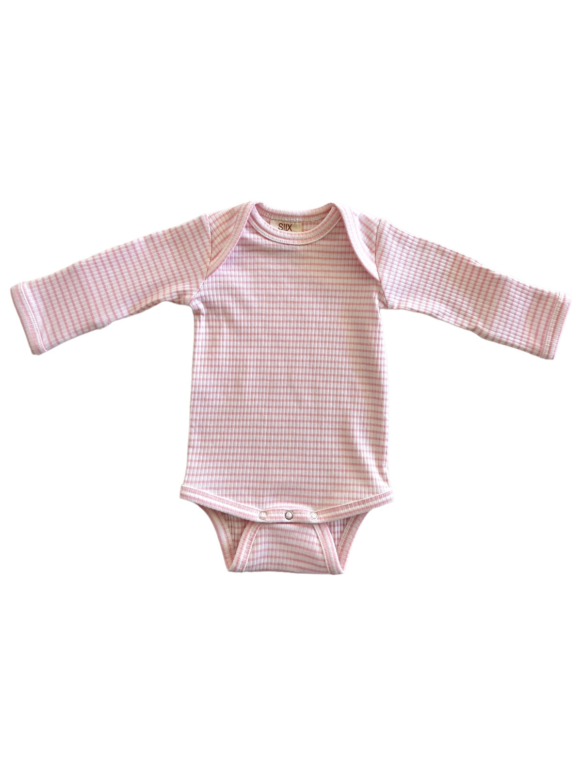 Pink checkered long-sleeve baby onesie with snap closure at the bottom.