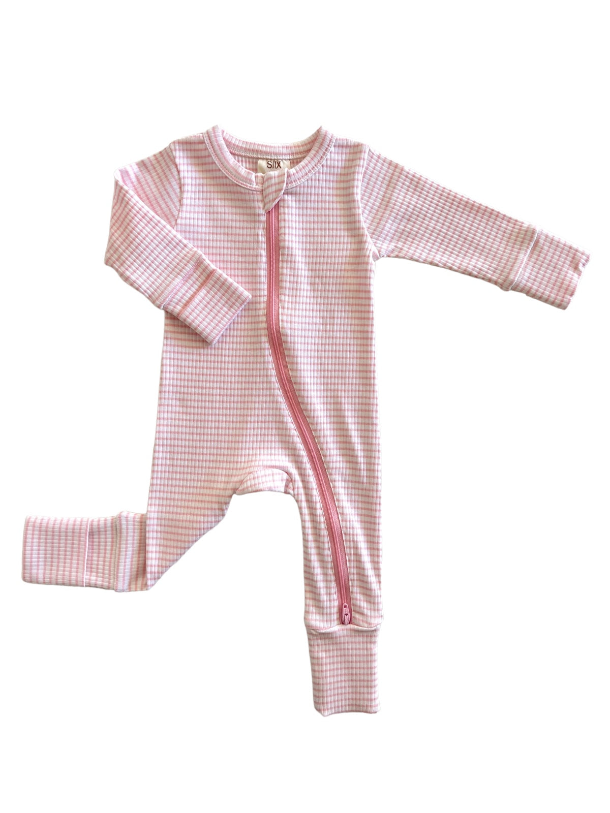 Light pink and white checkered baby onesie with a front zipper and long sleeves. Suitable for infants.
