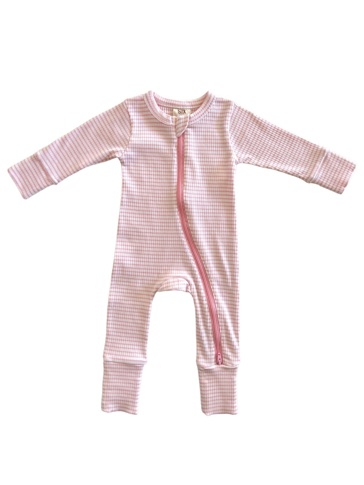 Pink and white gingham onesie with a front zipper, designed for infants.