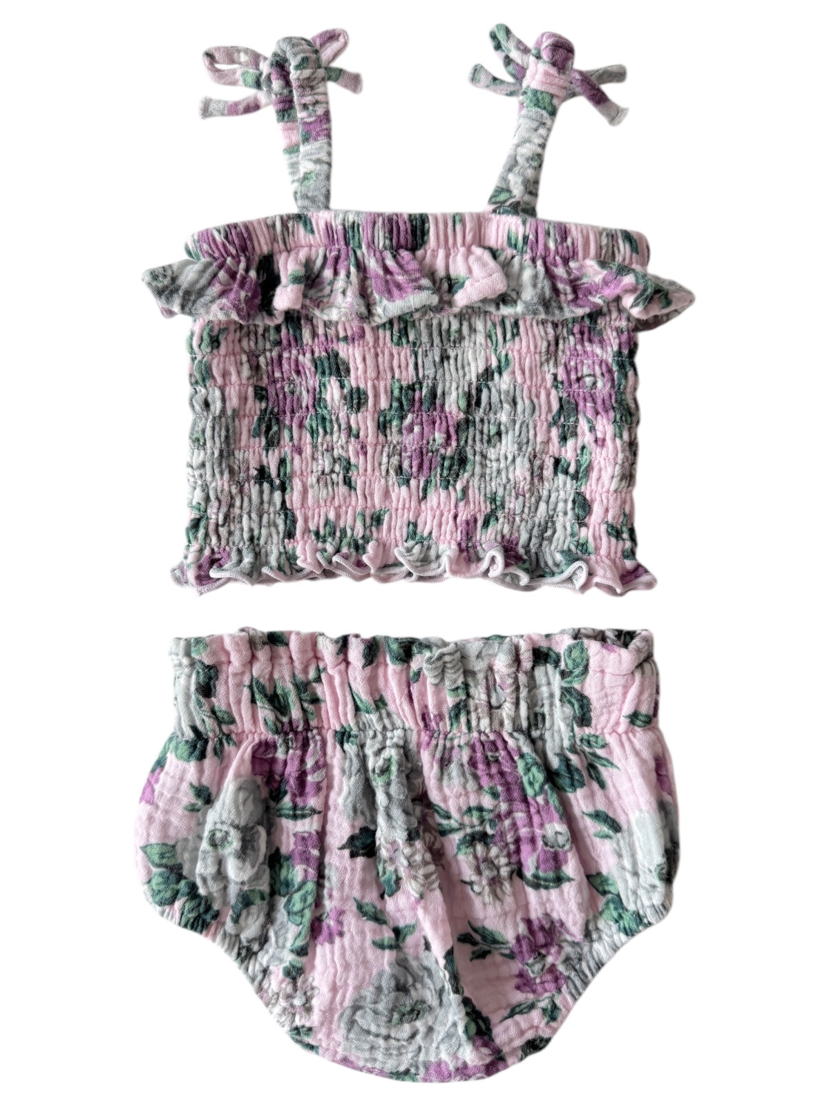 Floral kids' two-piece set featuring a ruffled crop top and matching bloomers in pink and green hues.