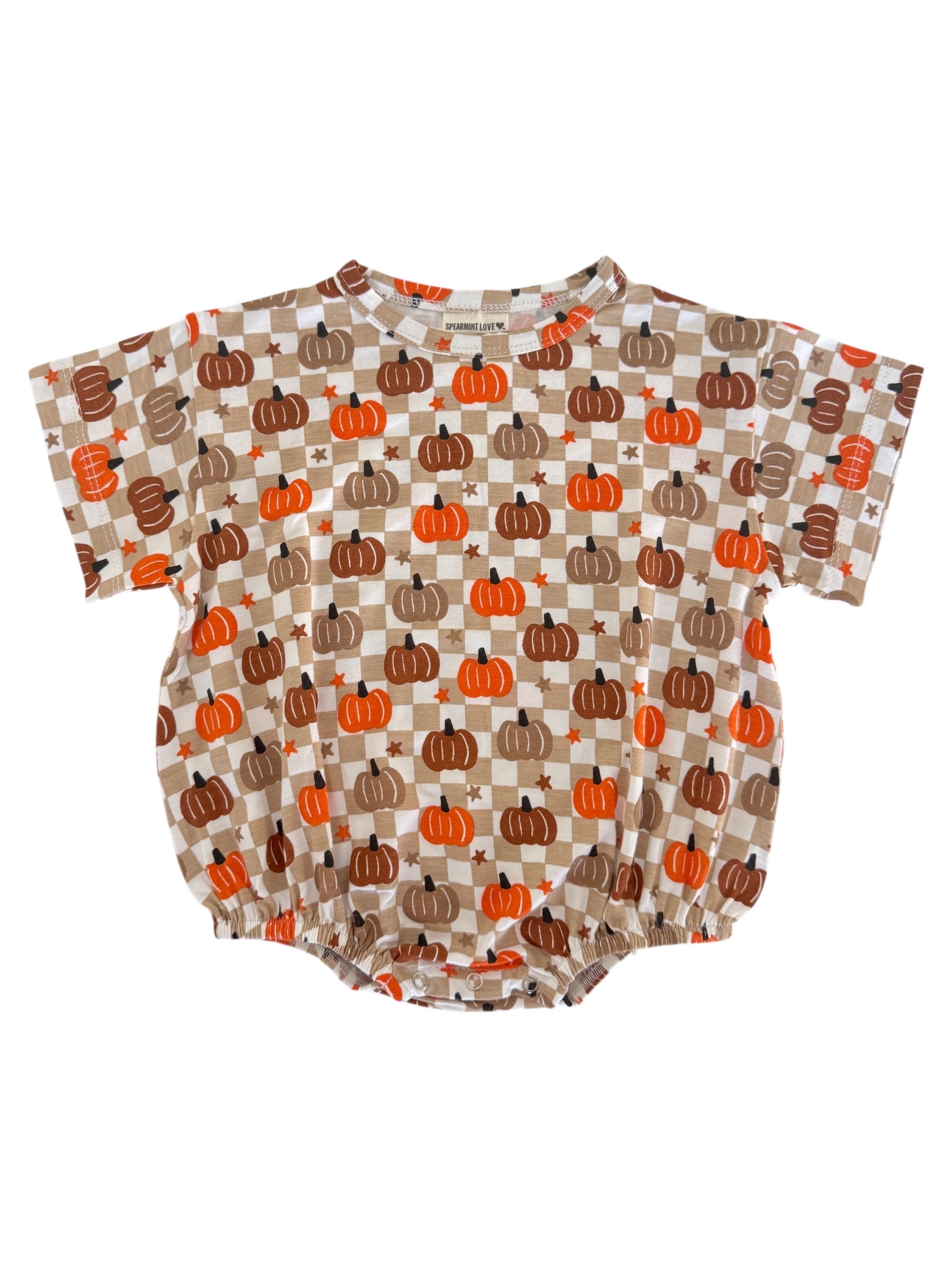 Baby bodysuit featuring a cheerful pumpkin and checkered pattern in orange, brown, and beige colors.