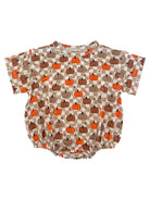 Baby bodysuit featuring a cheerful pumpkin and checkered pattern in orange, brown, and beige colors.