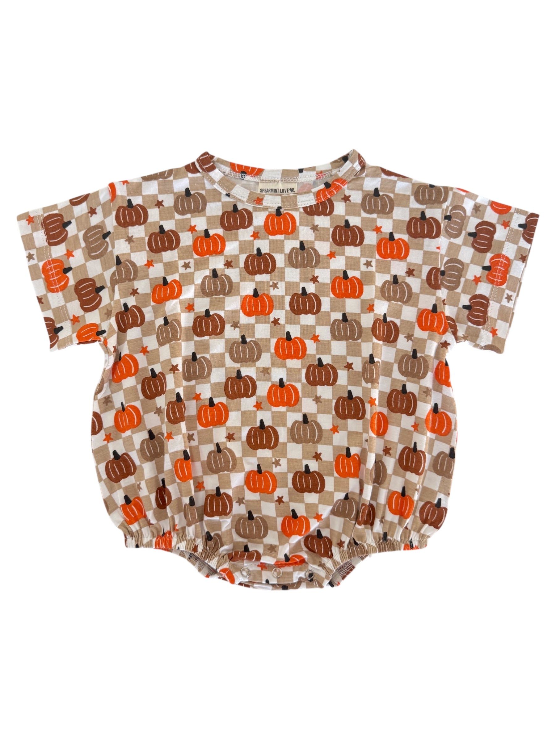 Baby bodysuit featuring a cheerful pumpkin and checkered pattern in orange, brown, and beige colors.