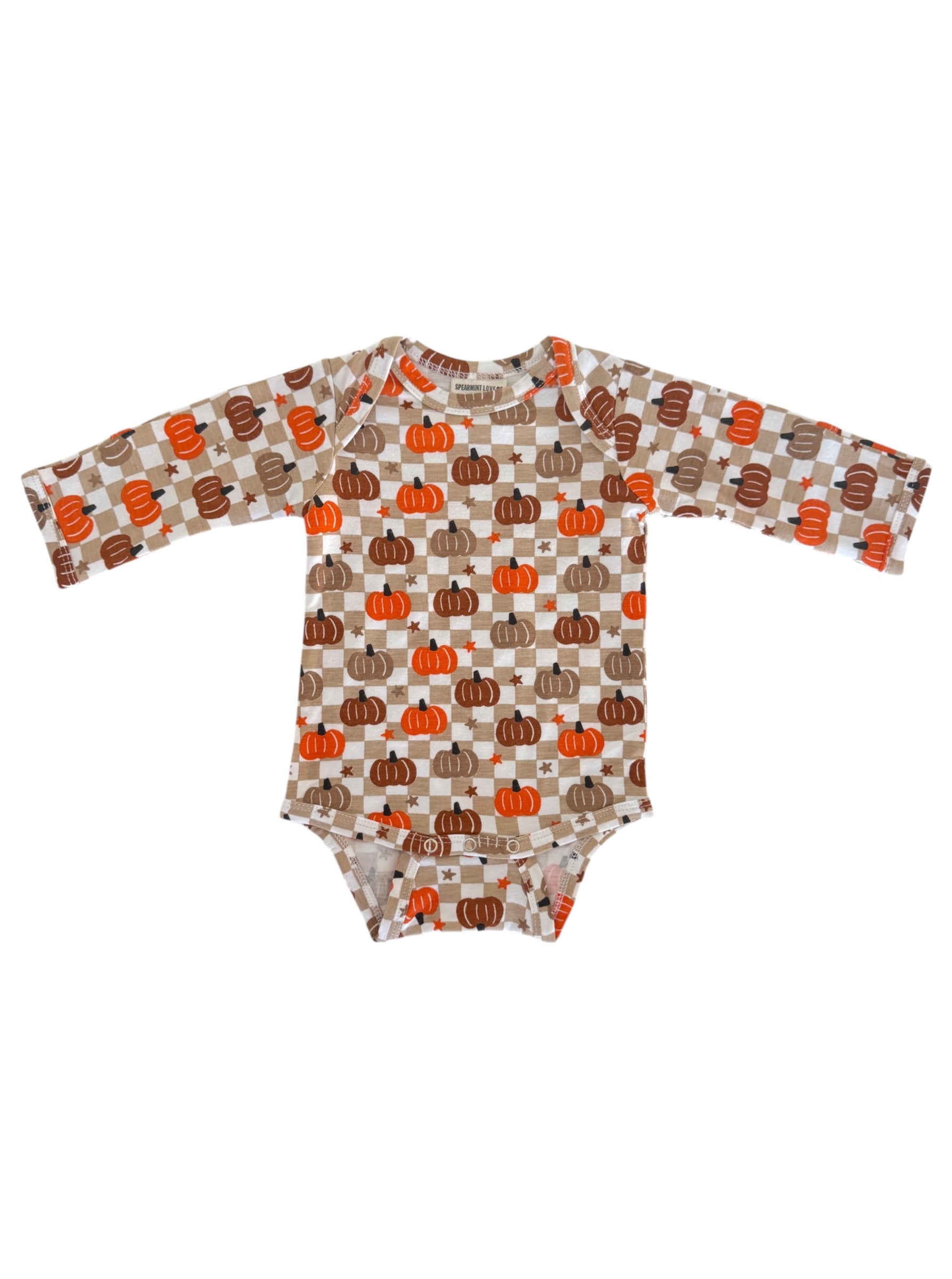 Brown and orange long-sleeve onesie with a pumpkin pattern on a beige background. Perfect for fall attire.