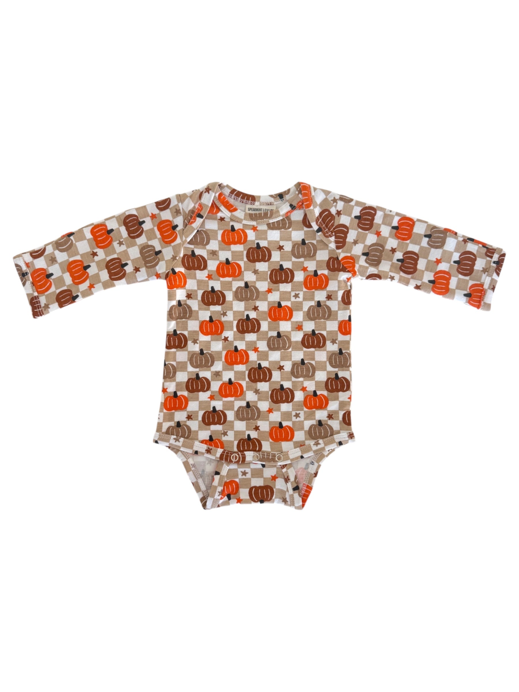 Brown and orange long-sleeve onesie with a pumpkin pattern on a beige background. Perfect for fall attire.