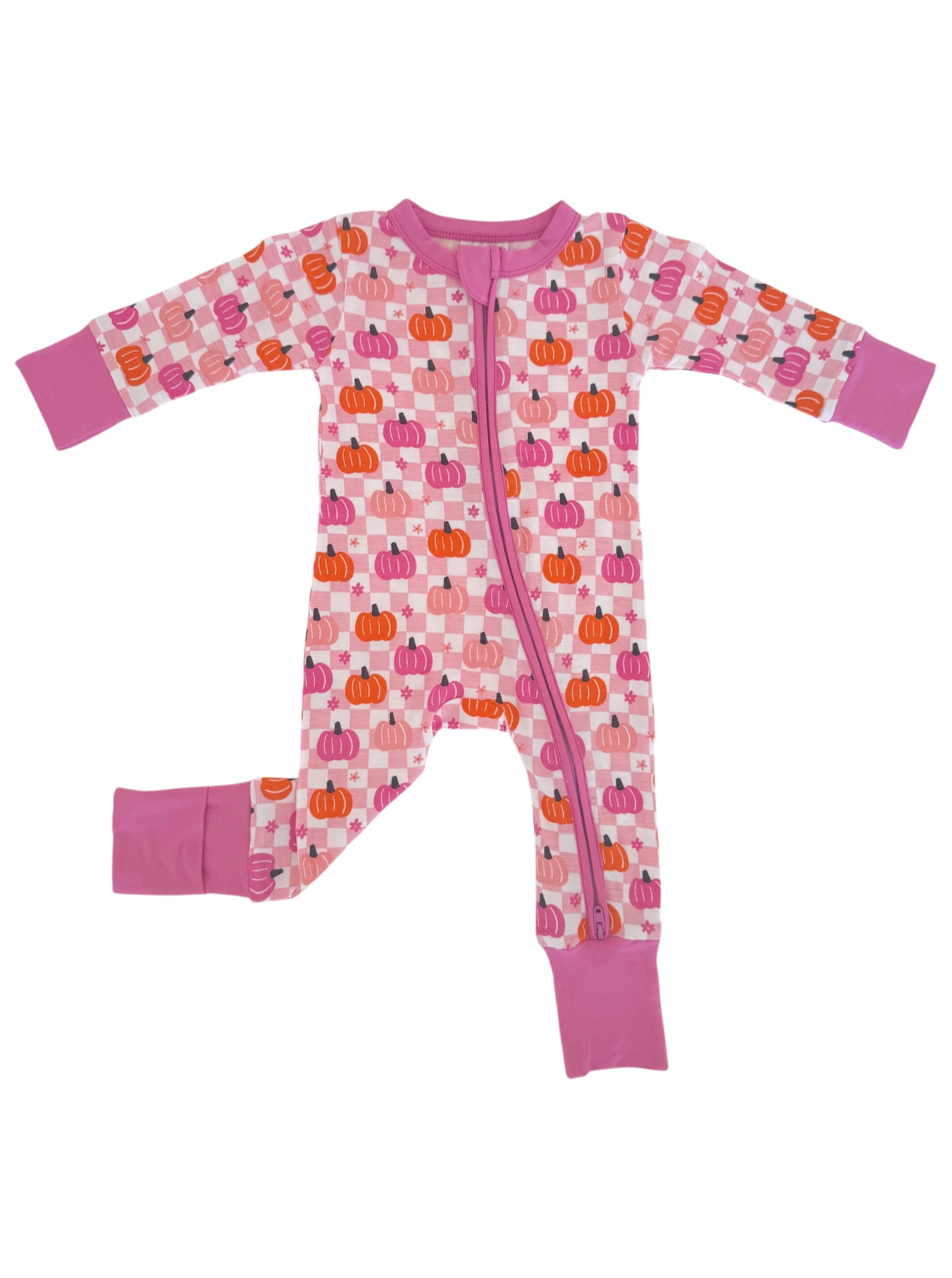Pink infant onesie with pumpkin patterns and long sleeves, featuring a front zipper for easy dressing.