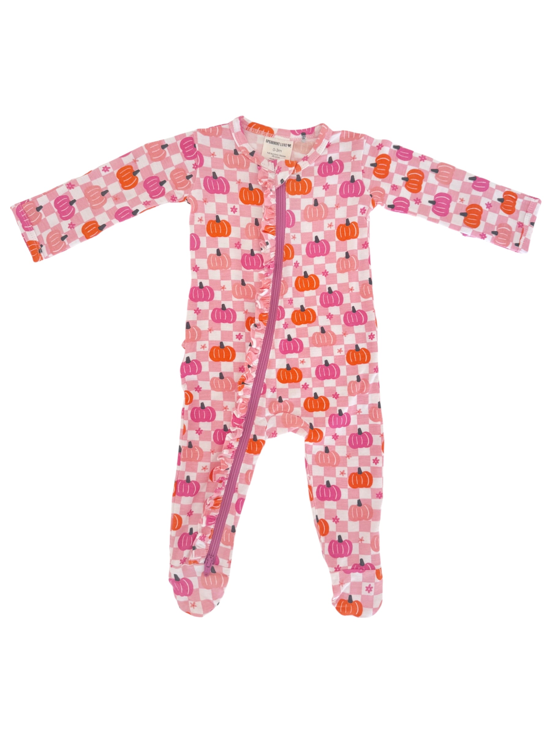 Pink baby onesie with pumpkin print and a front zipper, featuring long sleeves and footed design.