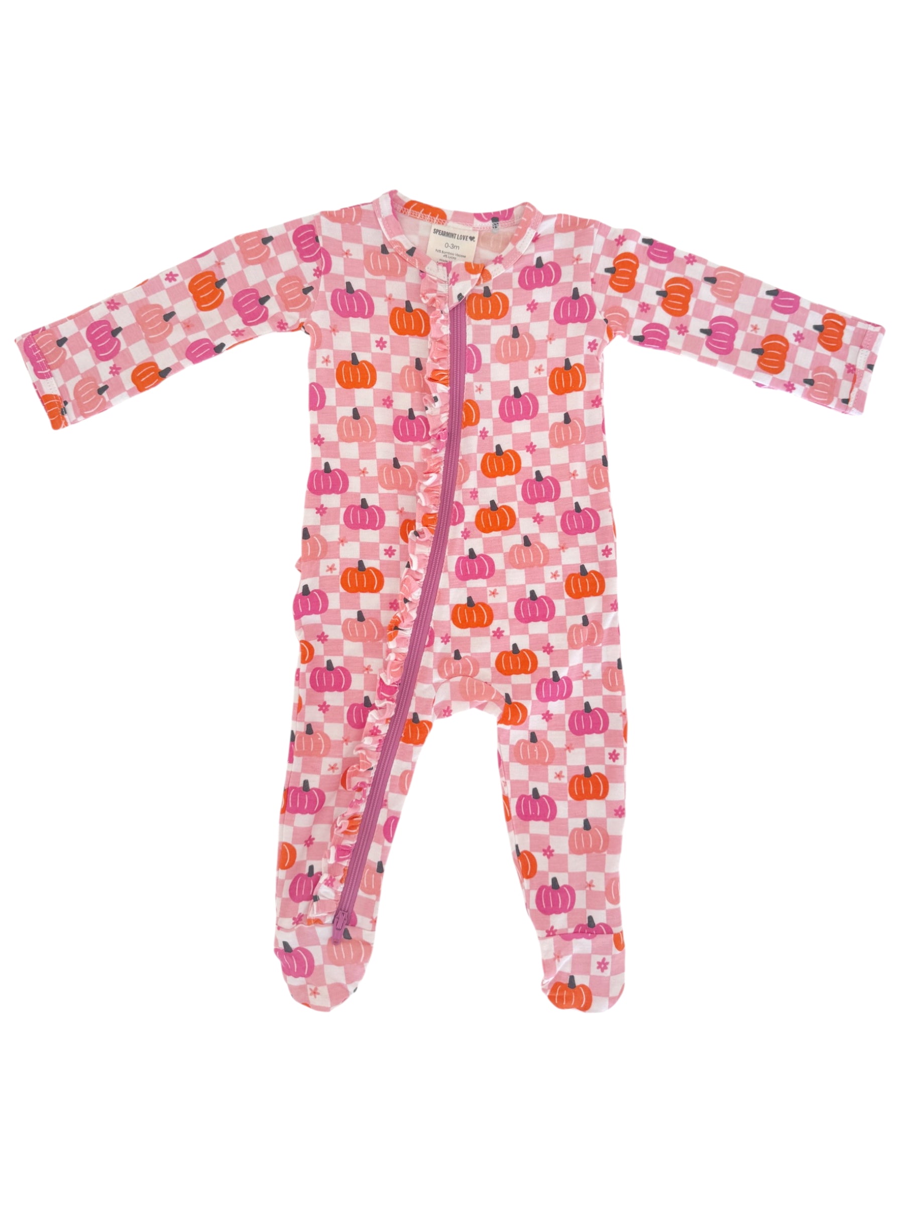 Pink baby onesie with pumpkin print and a front zipper, featuring long sleeves and footed design.