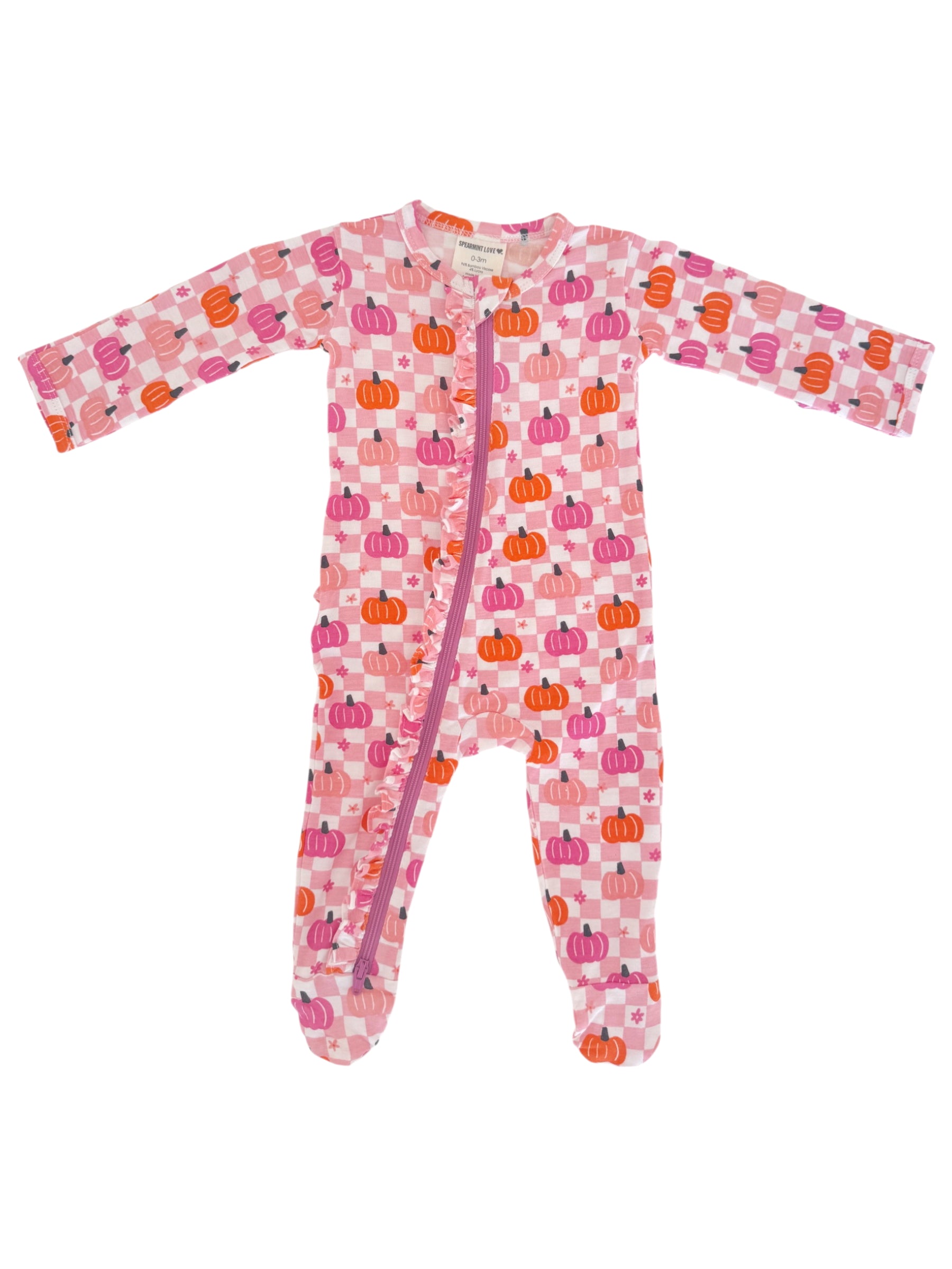 Pink baby onesie with pumpkin print and a front zipper, featuring long sleeves and footed design.