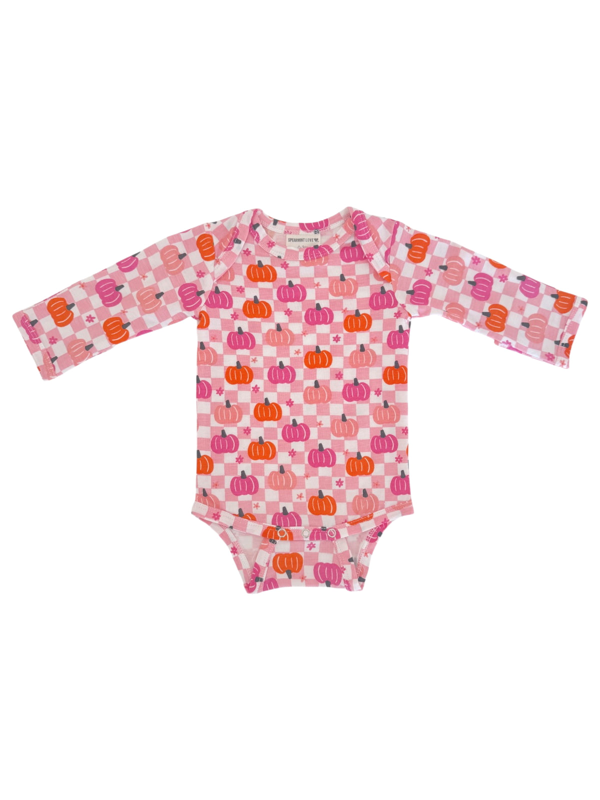 Long-sleeve onesie with colorful pumpkin pattern on a pink checkered background. Perfect for fall outfits.