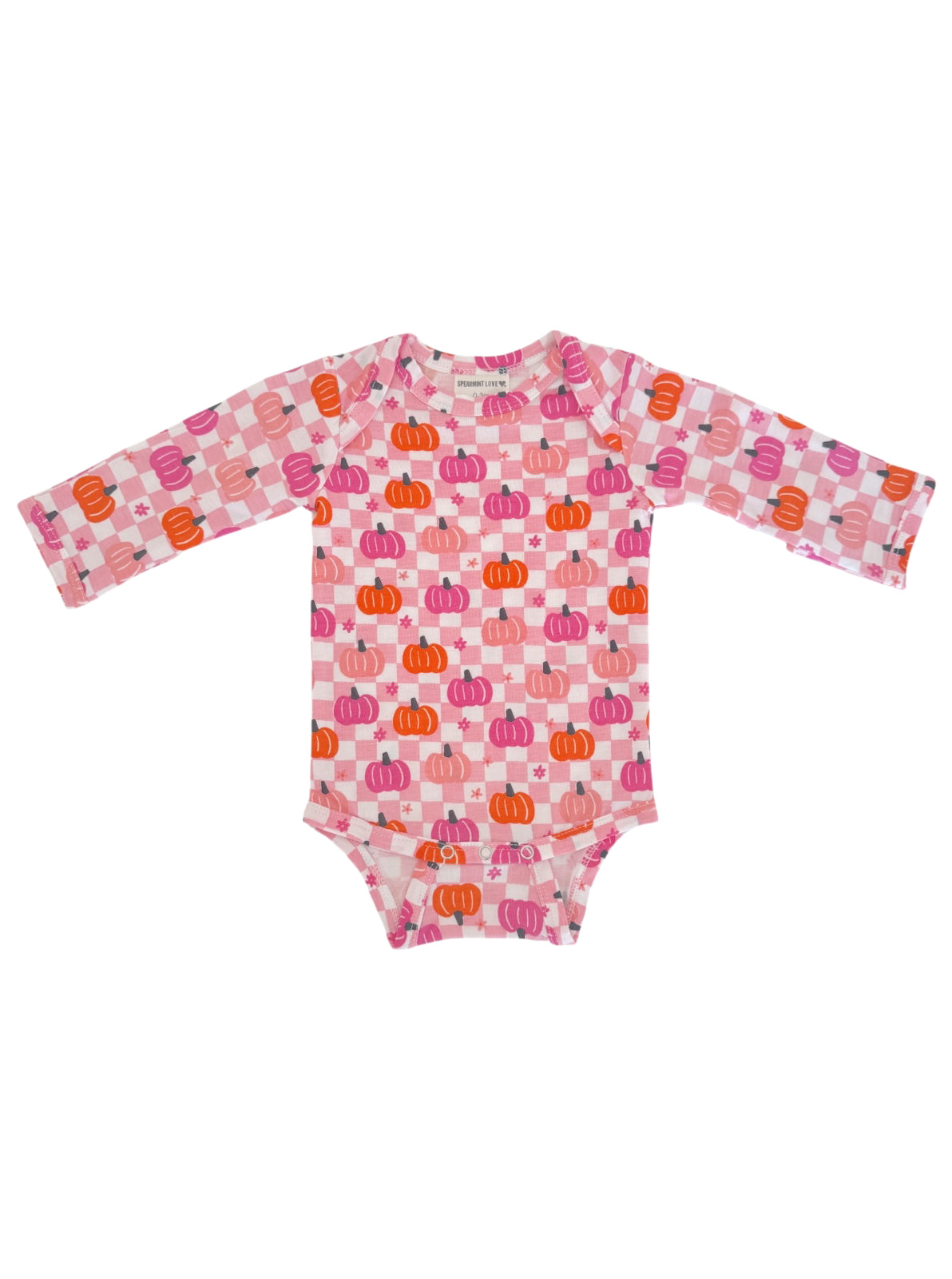 Long-sleeve onesie with colorful pumpkin pattern on a pink checkered background. Perfect for fall outfits.