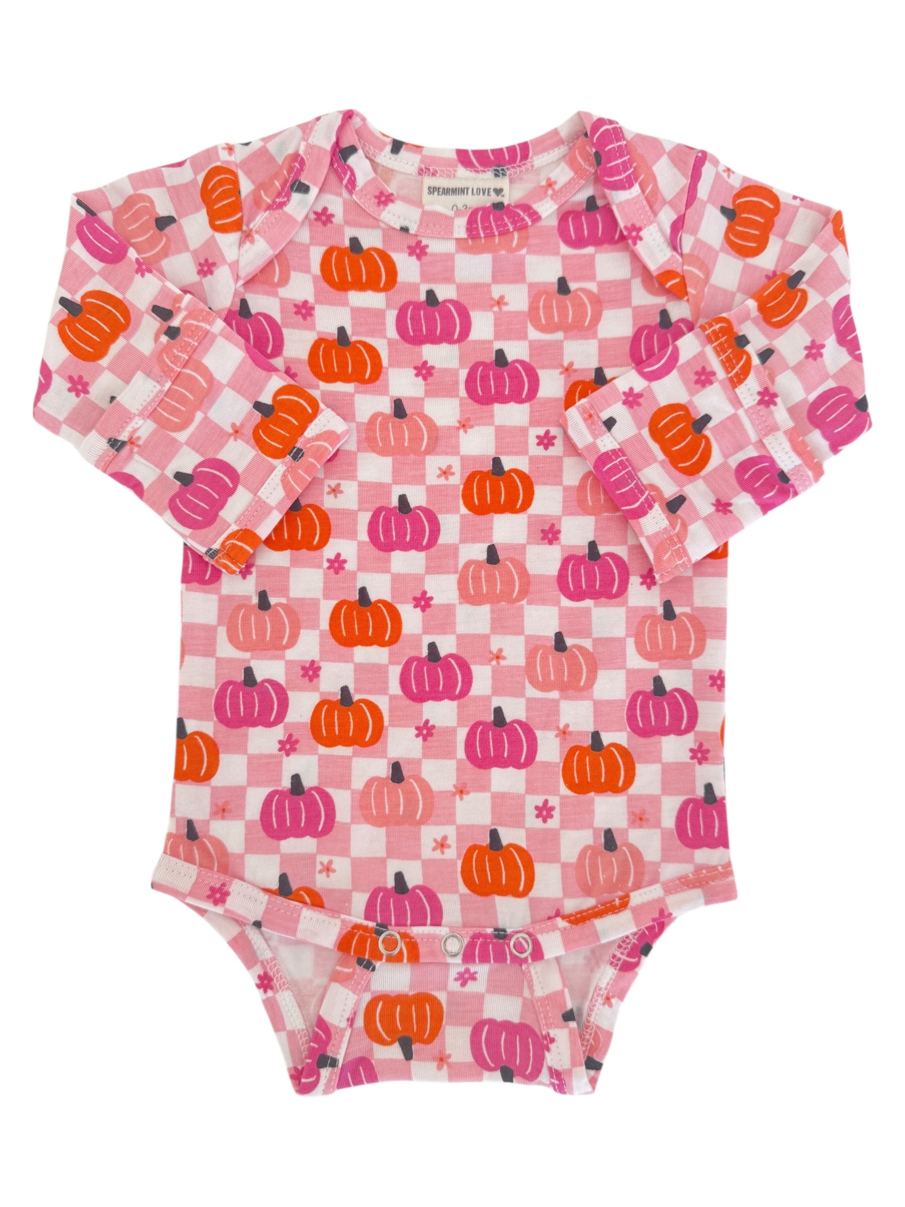 Long-sleeve baby onesie with colorful pumpkin print on a pink checkered background. Perfect for fall fashion.