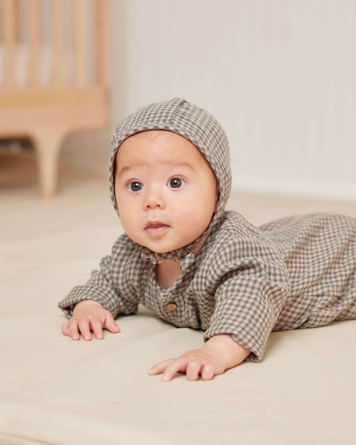 Organic Woven Baby Bonnet, Forest Micro Plaid