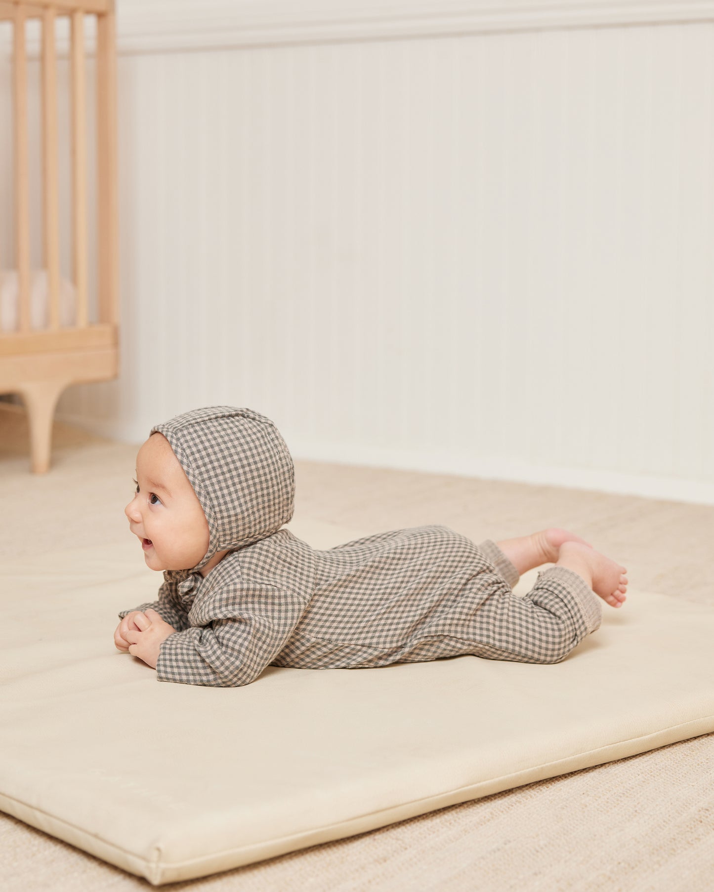 Organic Woven Baby Bonnet, Forest Micro Plaid