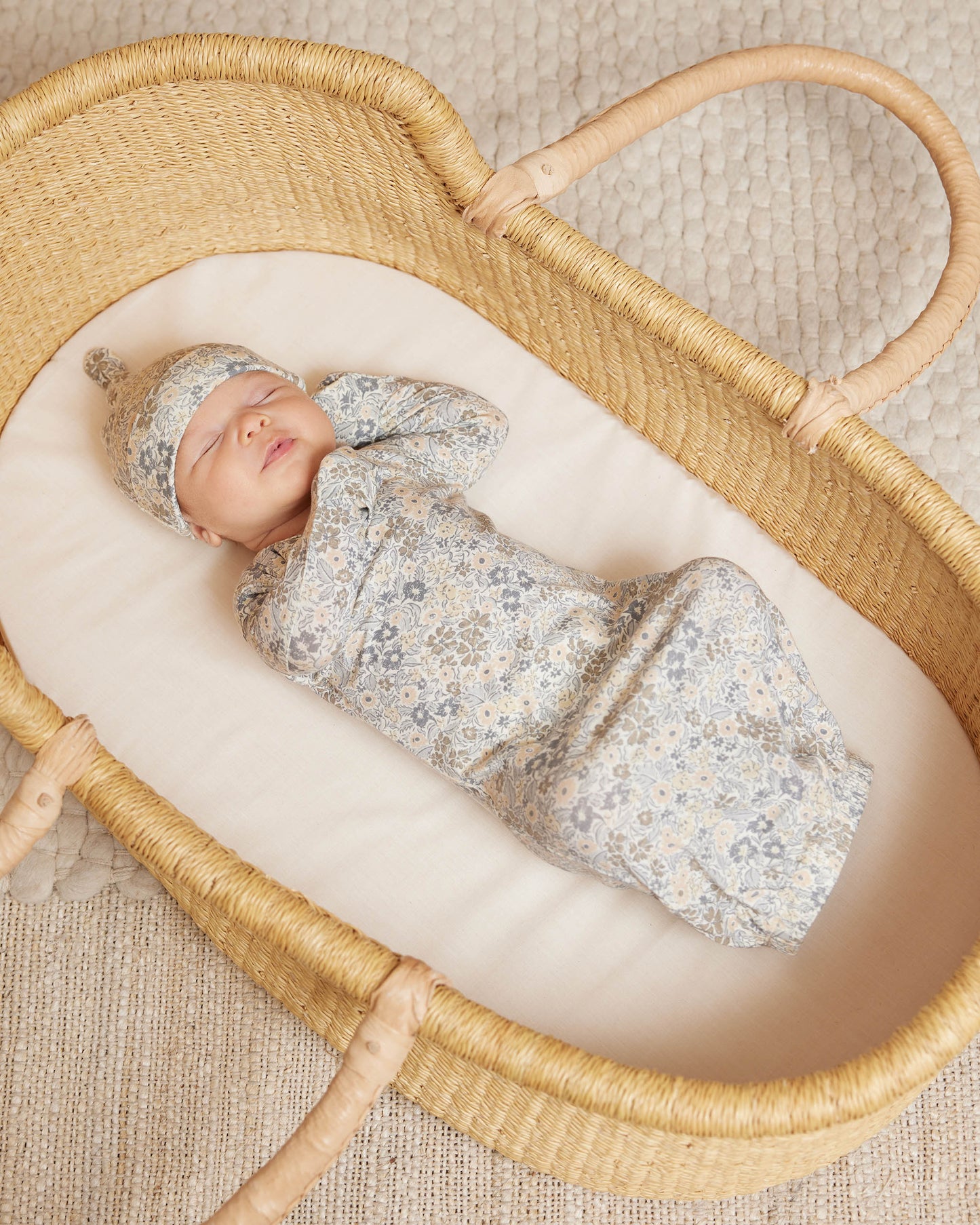 Knotted Baby Gown + Hat Set, Winter Garden