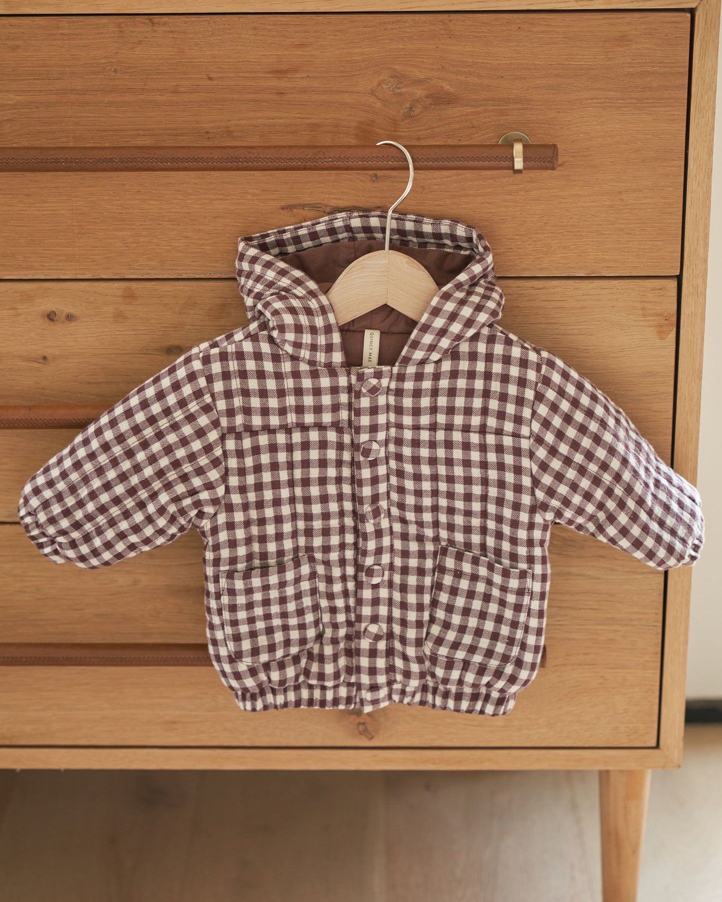 Organic Hooded Woven Jacket, Plum Gingham