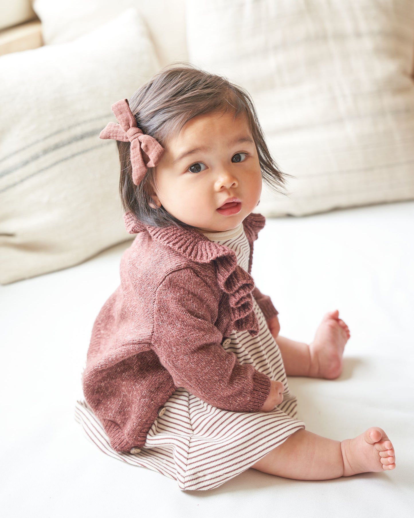 Organic Ruffle Collar Cardigan, Heathered Plum